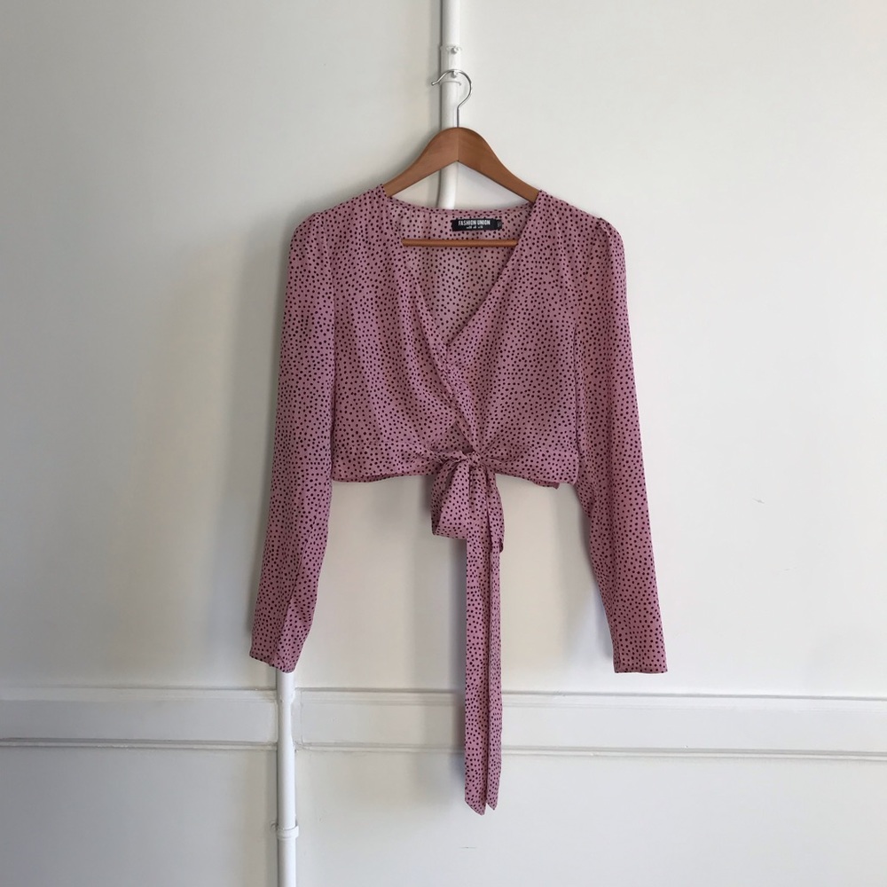 Pink polka dot wrap front blouse